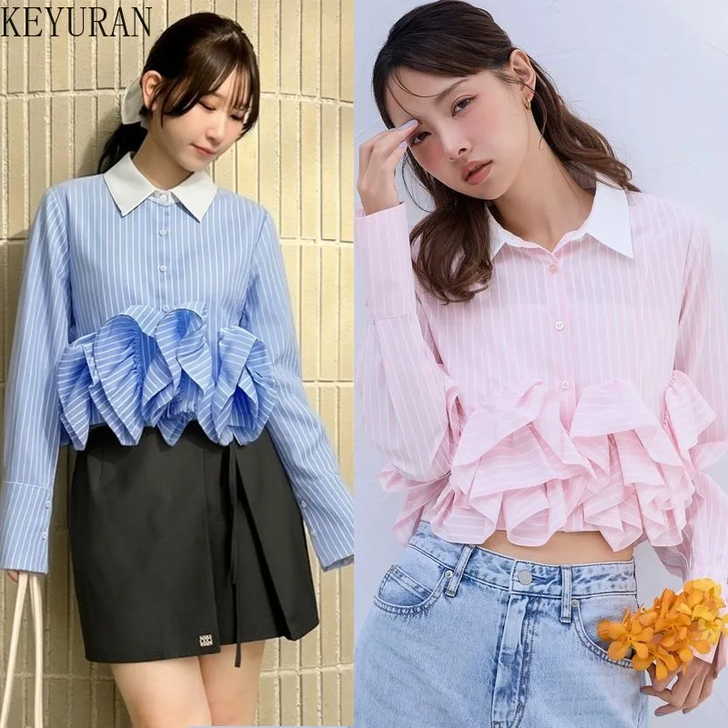 

Весенняя женская блузка 2026 с 3D-рюшами и полосками, корейский стиль, отложной воротник, длинный рукав, элегантная повседневная рубашка, топы Blusas Mujer