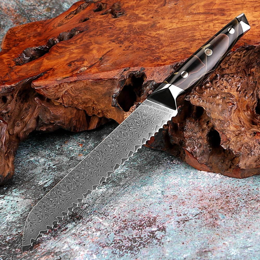 

Japanese Damascus VG-10 Steel 8-Inch Bread Knife with Serrated Edge for Cutting Cake Comfortable Copper-Platinum Resin Handle
