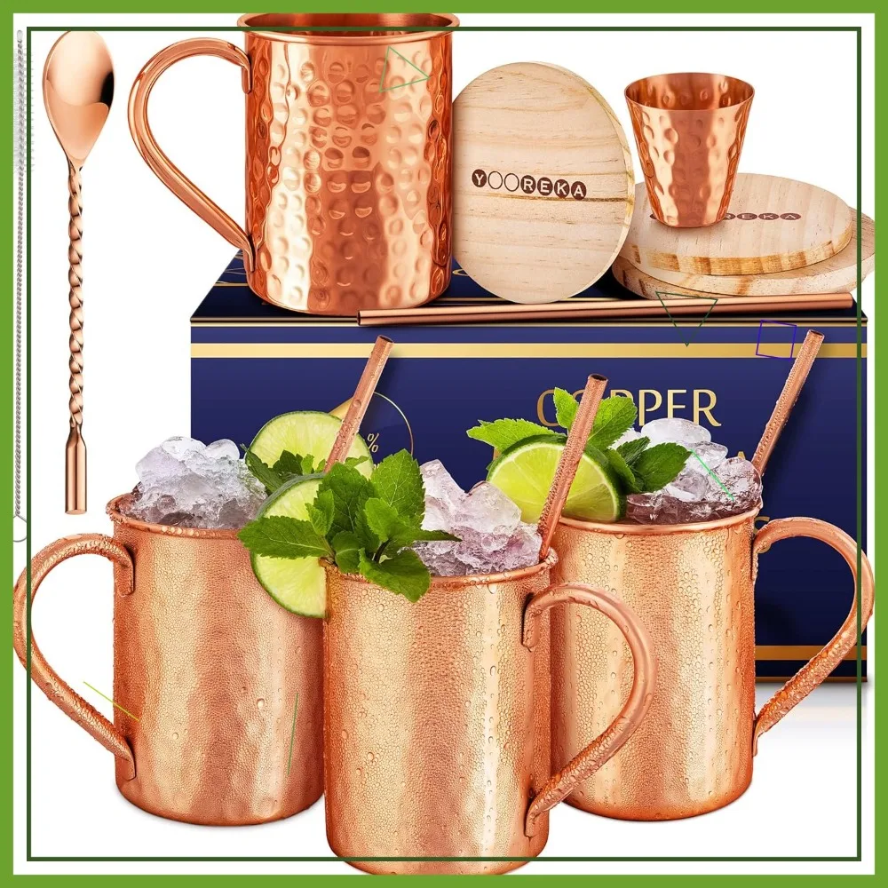 

Набор из 4 медных кружек ручной работы с трубочками, подставками, ложкой и рюмками - чистая медь, объем 16 унций