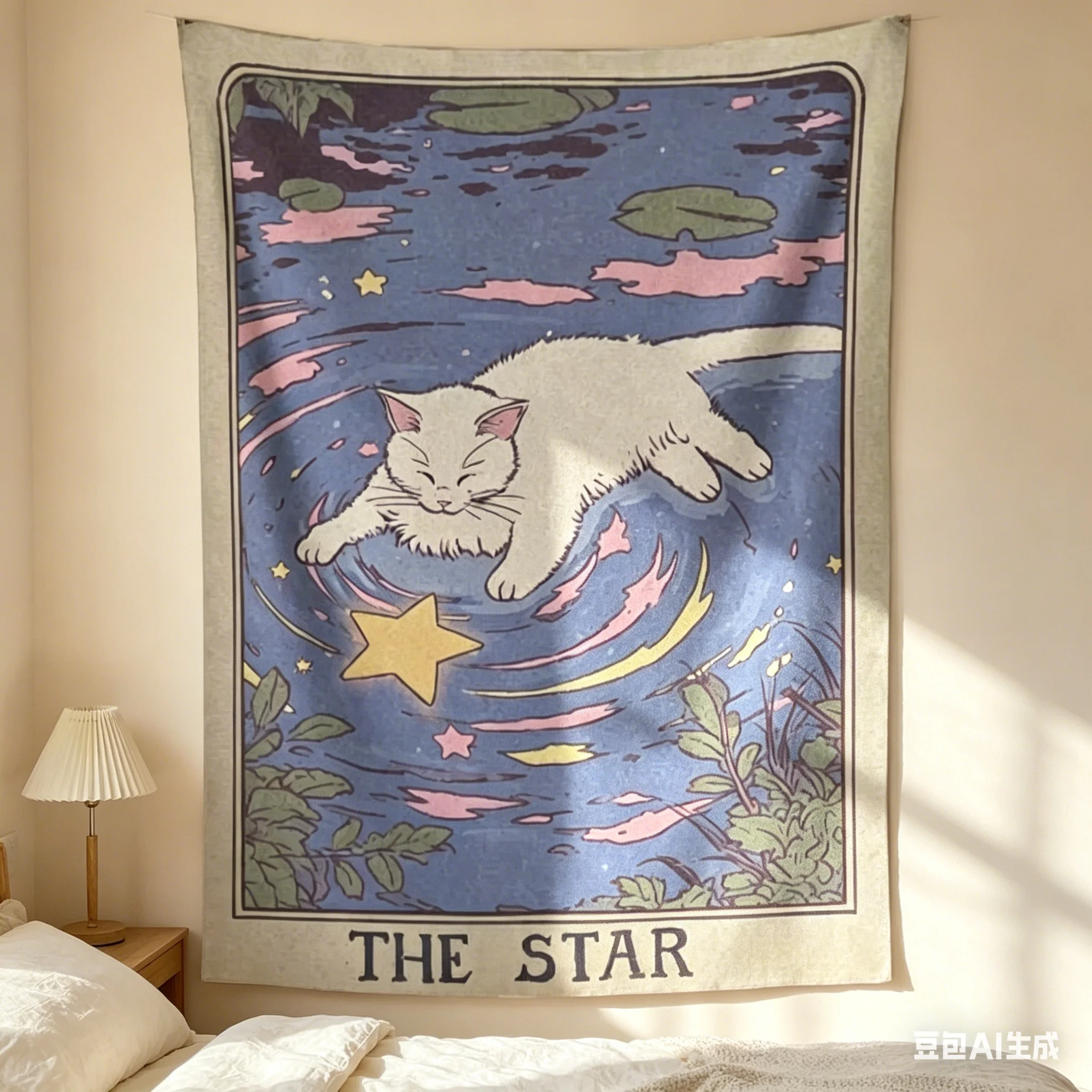 1 Stück The Star Cat Tarot Wandteppich, niedlicher Wandbehang mit weißer Katze, coole Zimmerdekoration, große Größe, Polyester 2D-Druck, Schlafzimmer-Deko, Wi