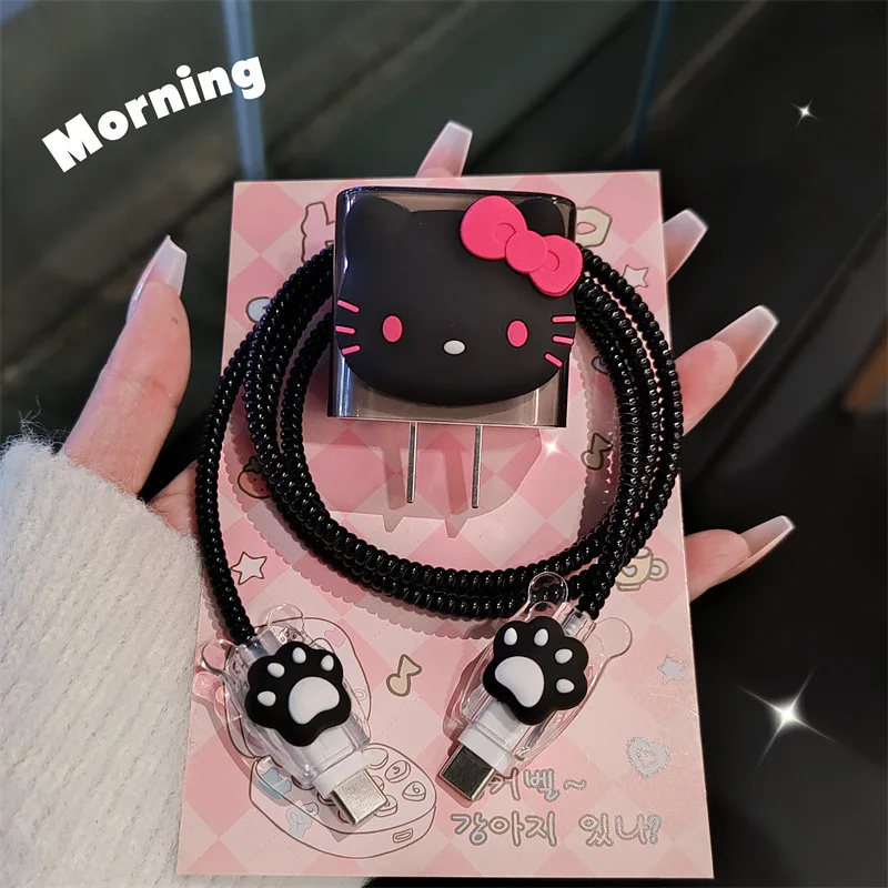 Hello Kitty Black For iphone Charger Protector Cover Case 18W/20W,3D Cartoon USB Data Cable Protector Case For Iphone 15 Pro Max