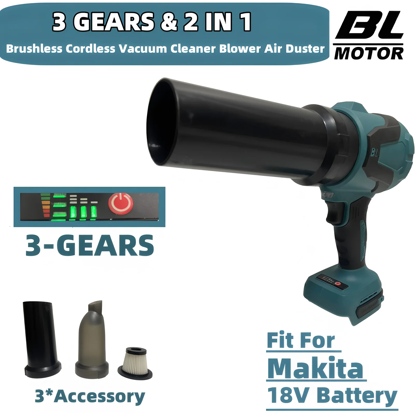 For Makita 18V Battery Brushless 3-Gears Cordless Blower Vacuum Cleaner Air Duster 2in1 Handheld Floor Carpet Car Power Tool