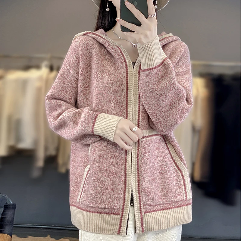 Hooded 100% Merino Wool Cardigan Sweater Women Autumn Winter New Long Sleeve Tops Striped Loose Zipper Pocket Female Knit Sweter