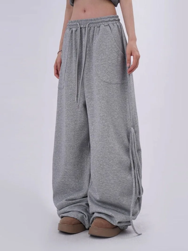 

American Lazy Hot Girl Low Waist Grey Sports Pants with Female Design Sense Strap Drawstring Street Dance Hip Hop Wide Leg Pants