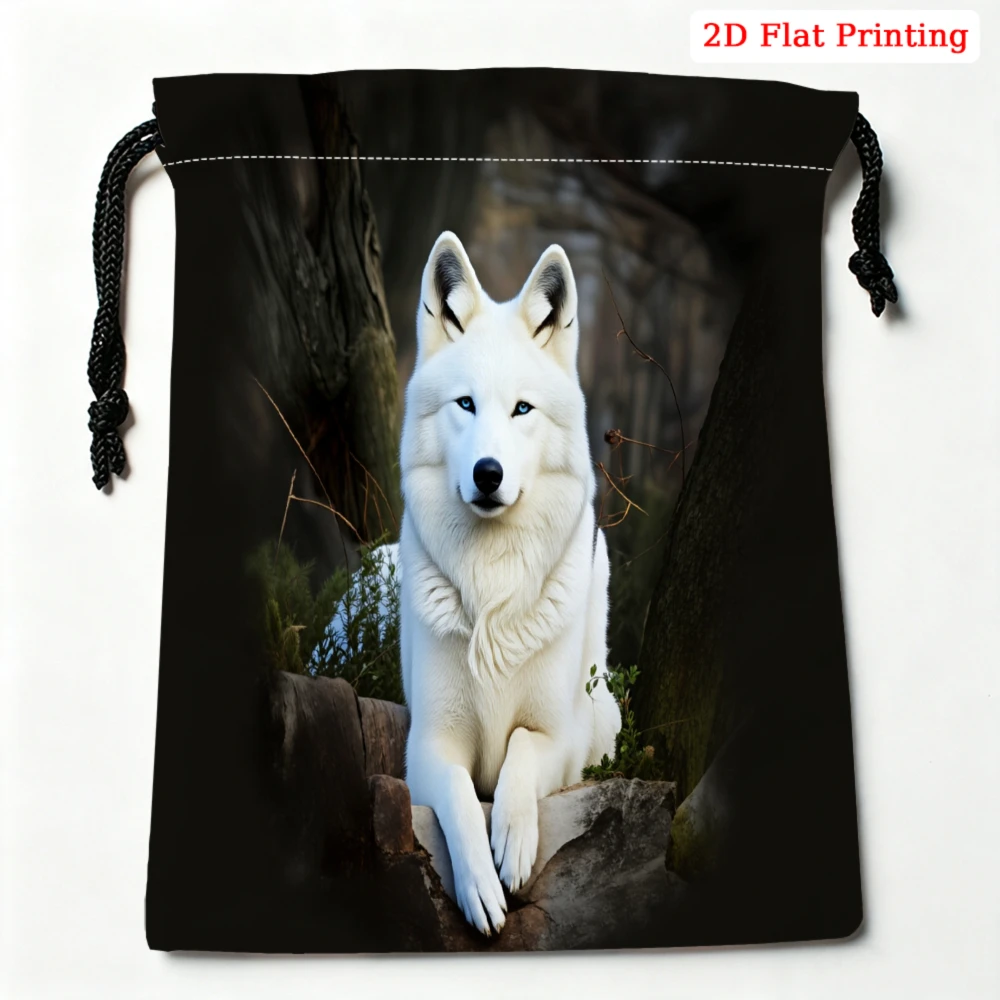 1Pc Fashion Drawstring Bag Black White Wolf Print Storage Small Pouch Travel Gym Sports Organizer For Men Women Lightweight Port