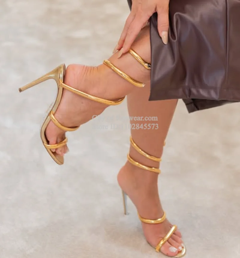 Gold/Sliver/Black/Red Snake Warp Metallic Leather Sandals Women's Summer Sexy Straps Hot Chic High Heels Luxury Party Shoes