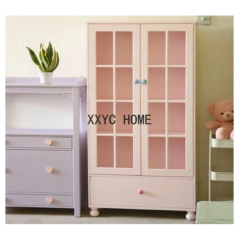 Light Pink Wooden Bookcase Girl Heart Macaron Style Locker Hollow out Glass Cabinet Door