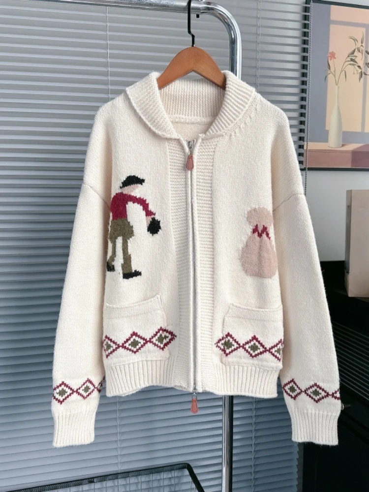 

Korean Fashion Vintage Cardigan Long Sleeve Zipper Pockets Contrast Color Sweaters Lazy Style All Match Knit Tops Women Clothing