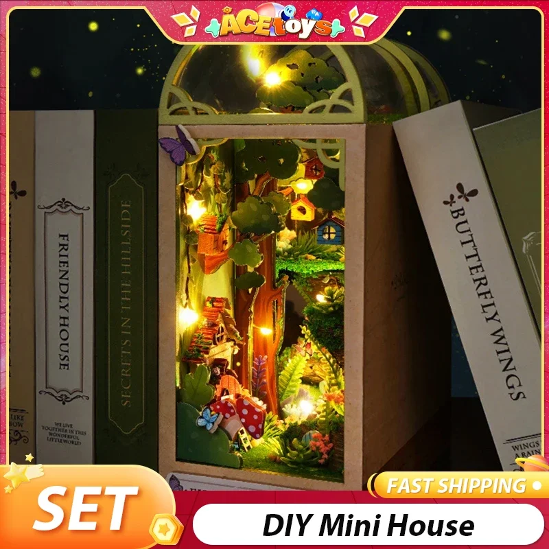 Деревянные подставки для книг, модель здания, игрушка-головоломка, сделай сам, со светодиодной подсветкой, сборная модель, украшение для дома, миниатюрный комплект для дома