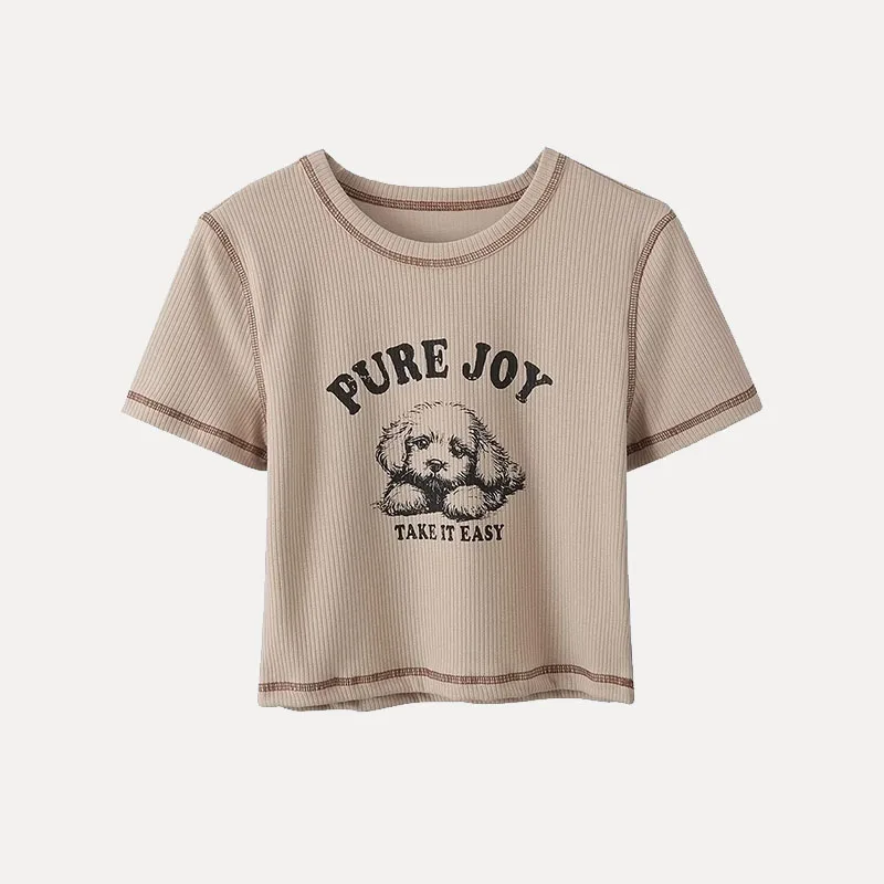 

Футболка с милым принтом домашних животных, цветная строчка ort Sve, женская летняя повседневная свободная футболка из полиэстера, круглый топ Ne