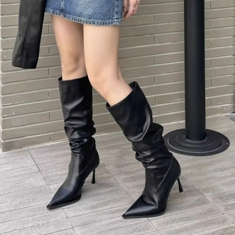 Ladies Knee Shaft Shoes Pointed Toe High Heels Women's Long Boots Elegant Heeled Leather on Promotion Large Size Warm Y2k Boot