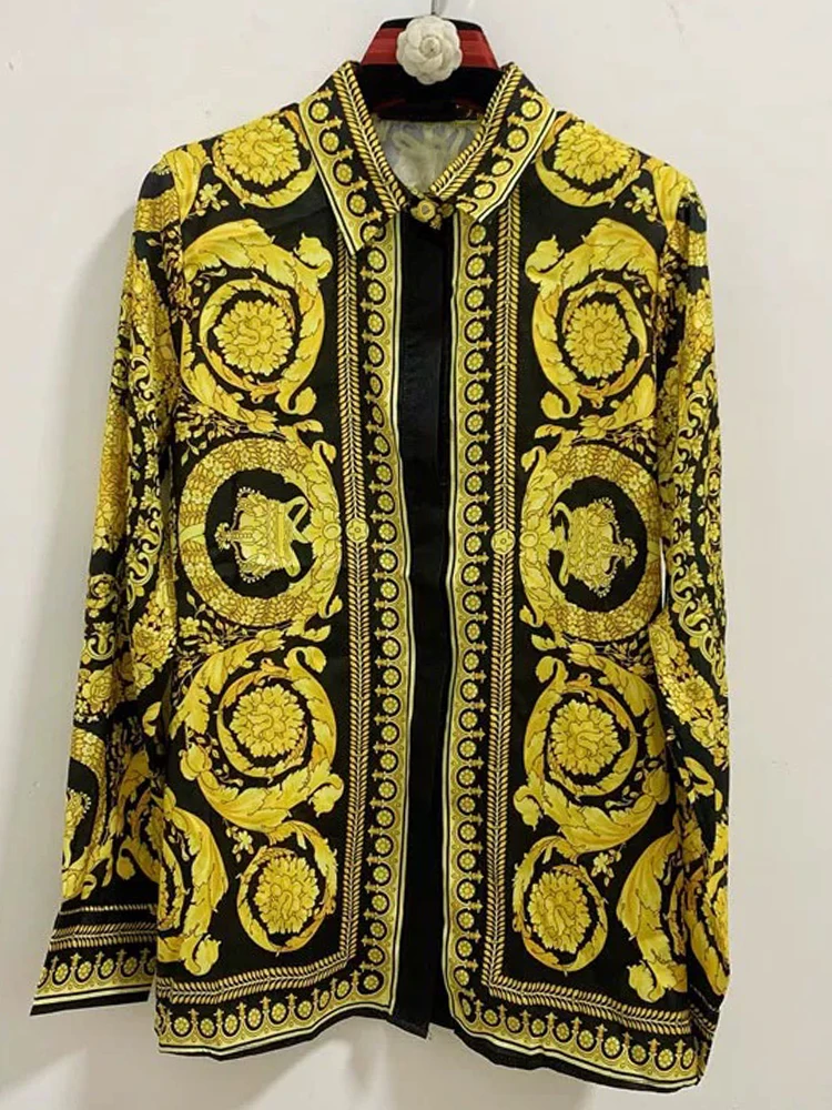 

Retro elegant geometric print lapel single-breasted long-sleeved shirt spring new fashion Joker straight blouse.
