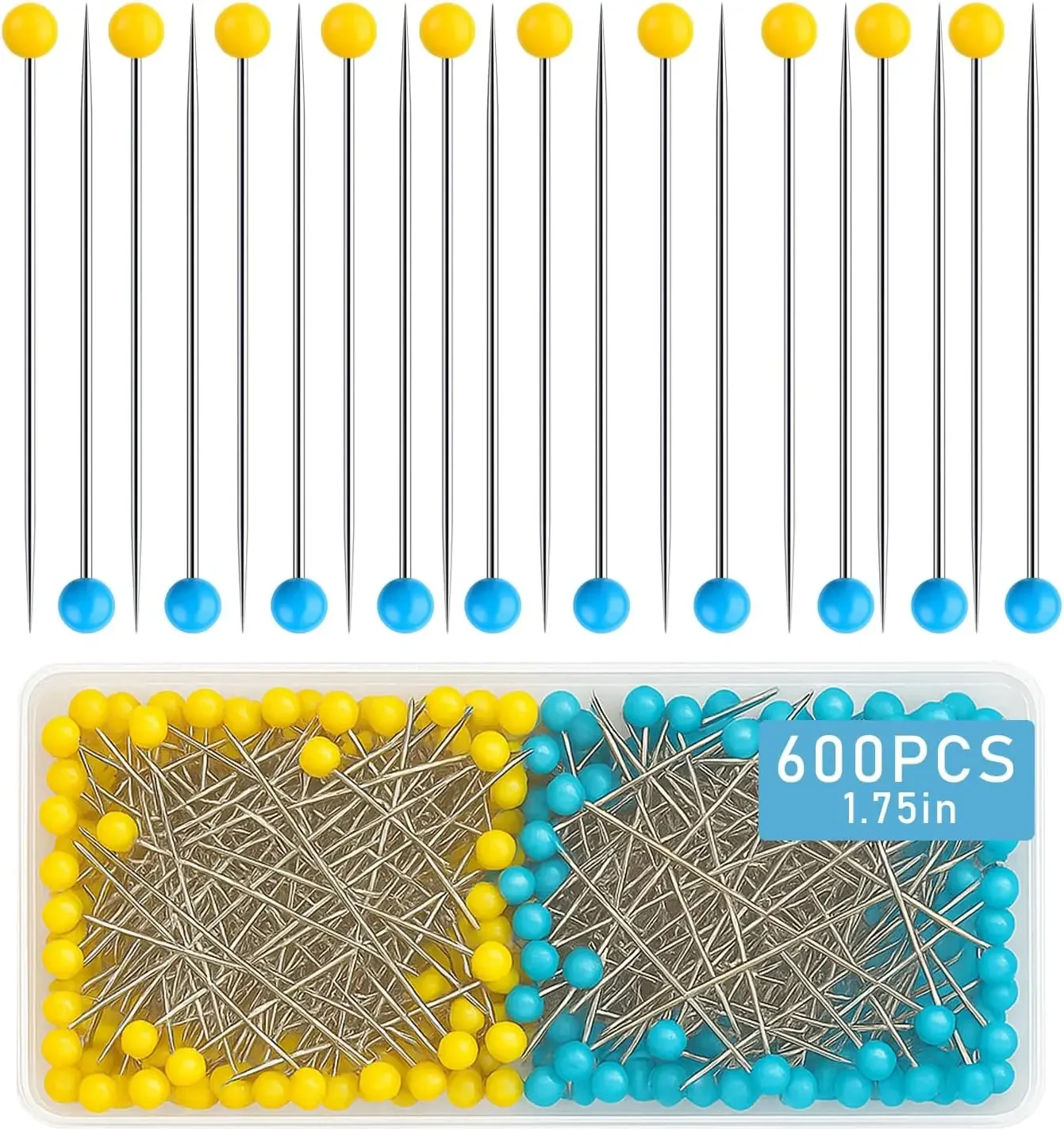 

600 Pcs 1.75in Quilting Pins, Yellow Blue Glass Head Sewing Pins For Fabric Crafts & DIY