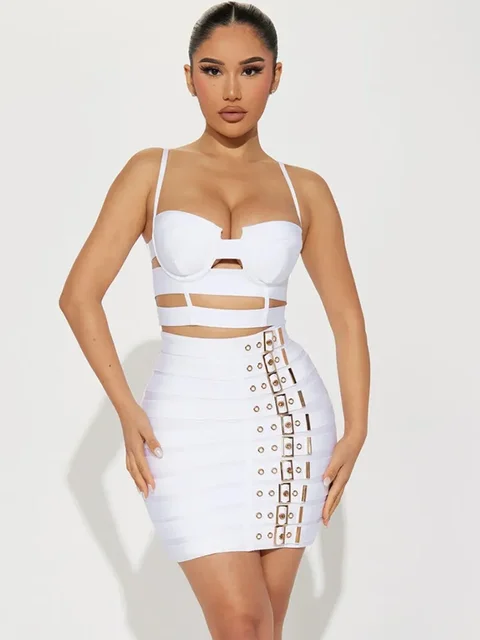 Kobiety Celebrity Sexy Cut Out Mental Black White Mini Bodycon Bandage Skirt Set 2023 Eleganckie stroje wieczorowe Birthday Club Party Outfits