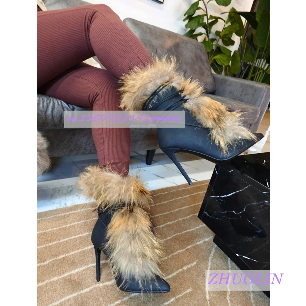 Winter Matte Black Fluffy Fur Ankle Boots Women'S Pointed Toe High-Heeled Zipper Runway Boots Warm Wrap-Around Strap High Heels