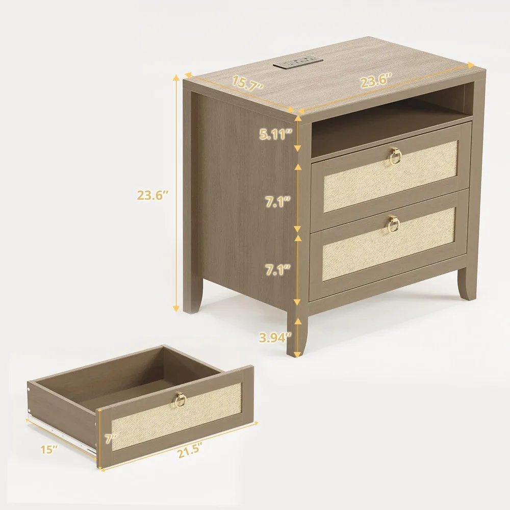 منضدة محطة شحن مقاس 23.6 بوصة مع درجين ورف تخزين، طراز الروطان البوهيمي لمساحات غرف النوم الصغيرة #2