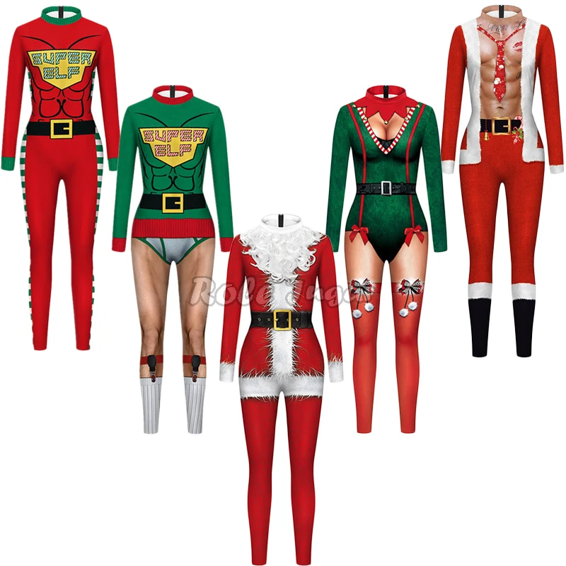 Man Vrouw Lange Mouw Kerst Jumpsuit Halloween Vakantie Feest Kerstman Claus Print Spandex Zentai Bodysuit Cosplay