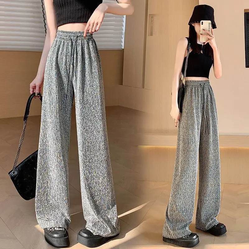 French diamond-encrusted lazy slacks women's spring and summer ice silk loose drape design sense drawstring mop pants.