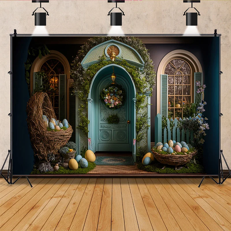 Nitree Easter Scene For Photo Studio Background Celebrations Spring Eggs Rabbits Doors Photography Backdrops Props FR-08