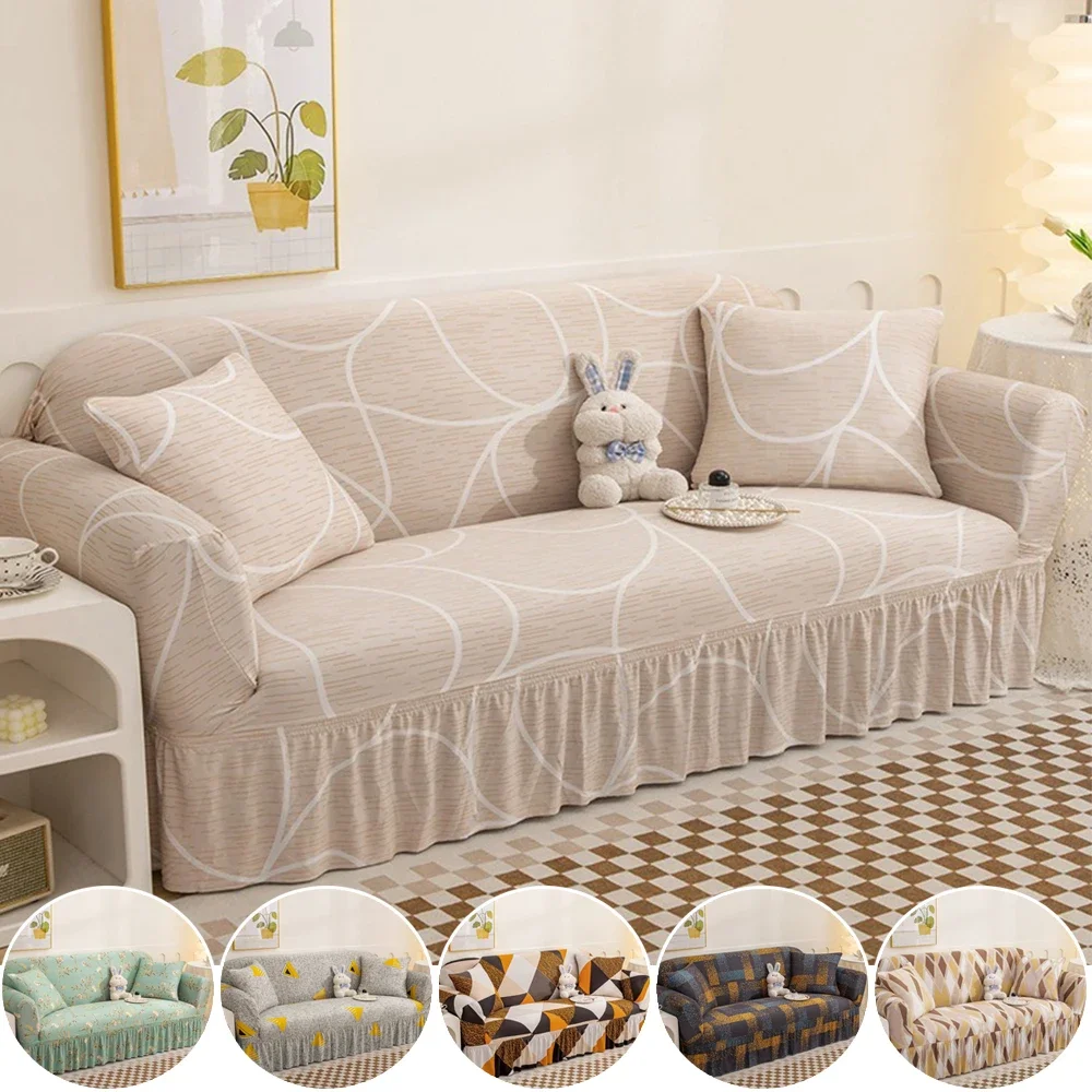 

1pc All-inclusive Stretch Printing Sofa Cover Skirt Lace Models Rustic Style All-season Universal Sofa Covers for Living Room