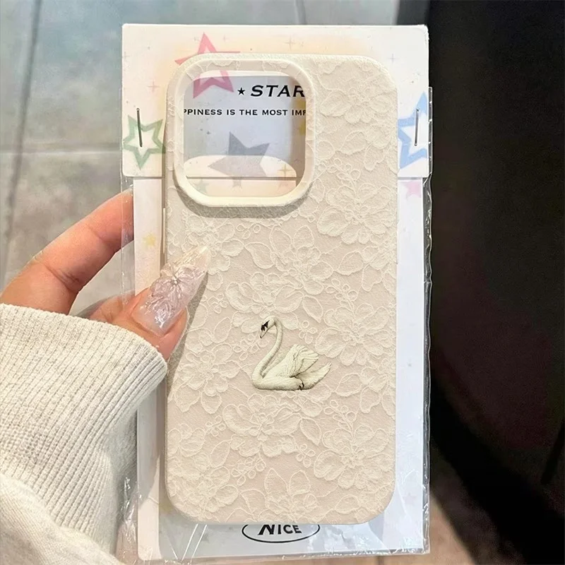 Lace Swan Pattern Lychee Texture Phone Case For iPhone 17 16 15 Pro 14 13 12 11 Pro Max 16 15 14 Plus 17 Air Silicone Soft Cover