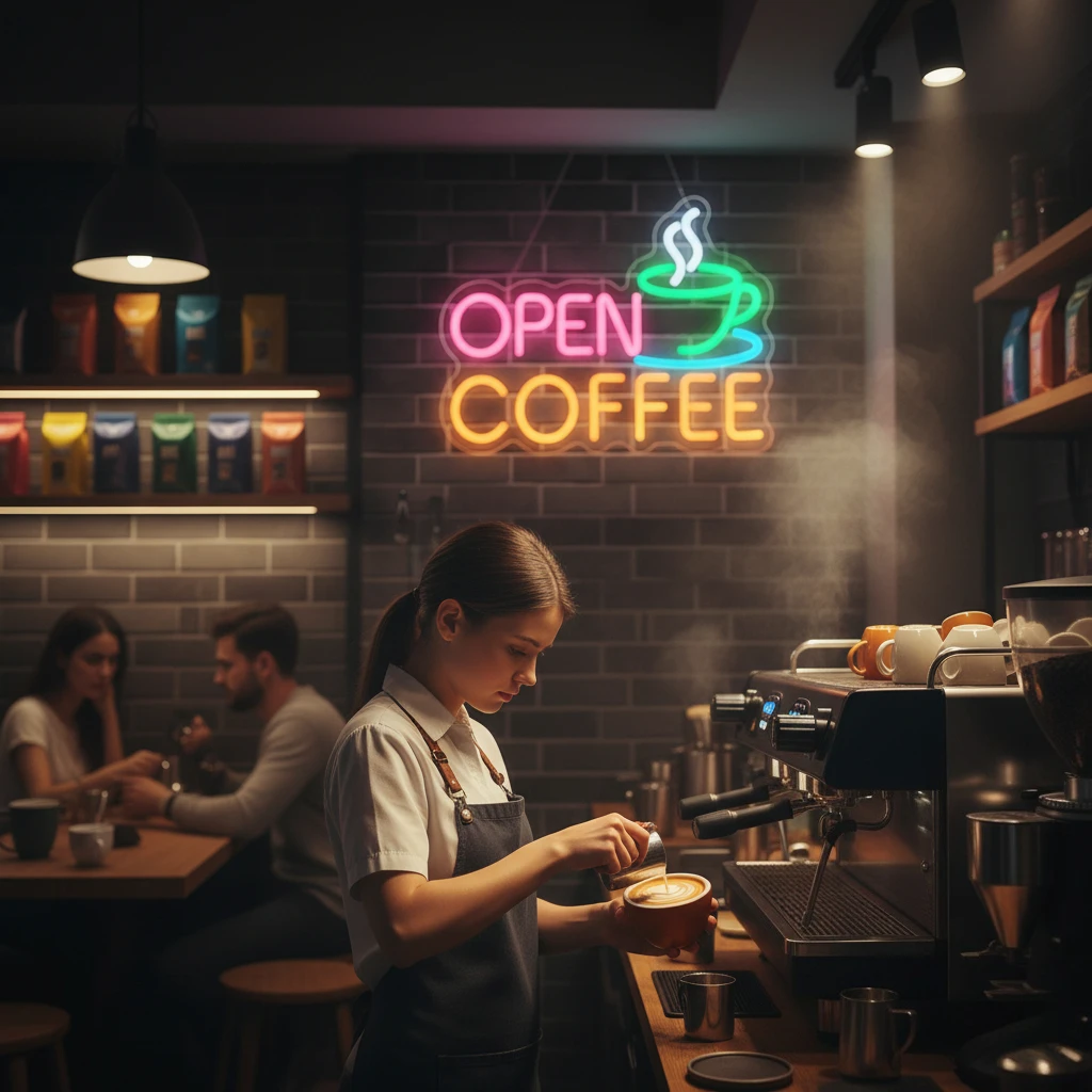 علامة القهوة النيون المفتوحة مع تصميم فنجان القهوة ثلاثي الأبعاد، ديكور حائط مثالي لتعزيز الاهتمام للمقهى والمقهى وهدايا البار