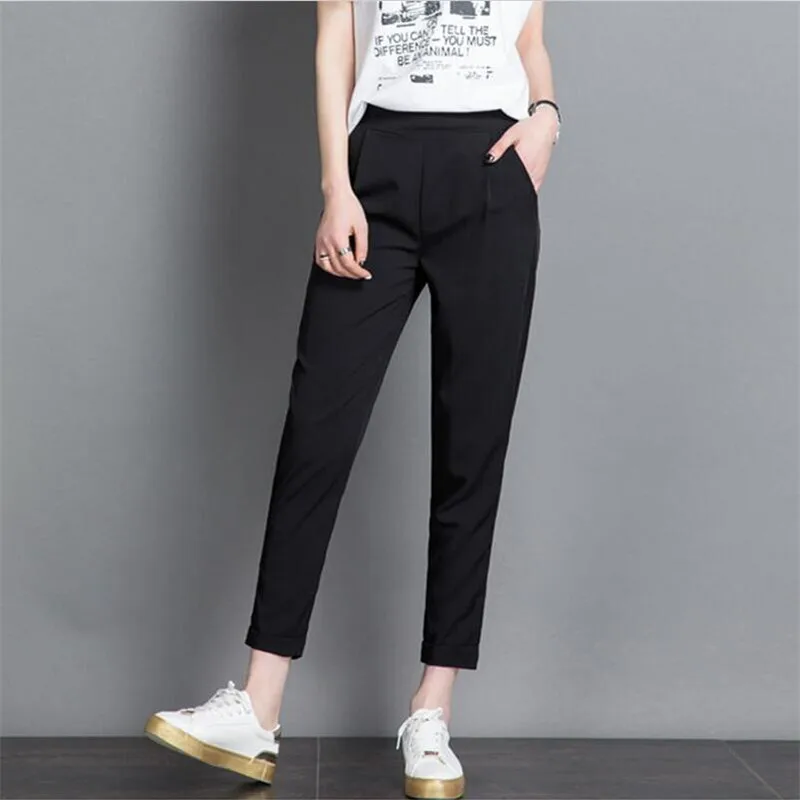 Office Lady Chiffon Solid Black Ankle-Length Pants High Elastic Waist Cuffs Pencil Pants  Female Trousers -