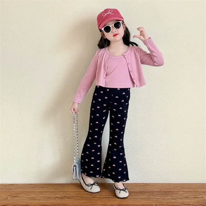 Girls Spring Sets Children\'s Undershirt Suit Baby Round Neck Tops Bow Tie Pants 3Pcs Autumn New Cute Casual Sportswear 2-8Y