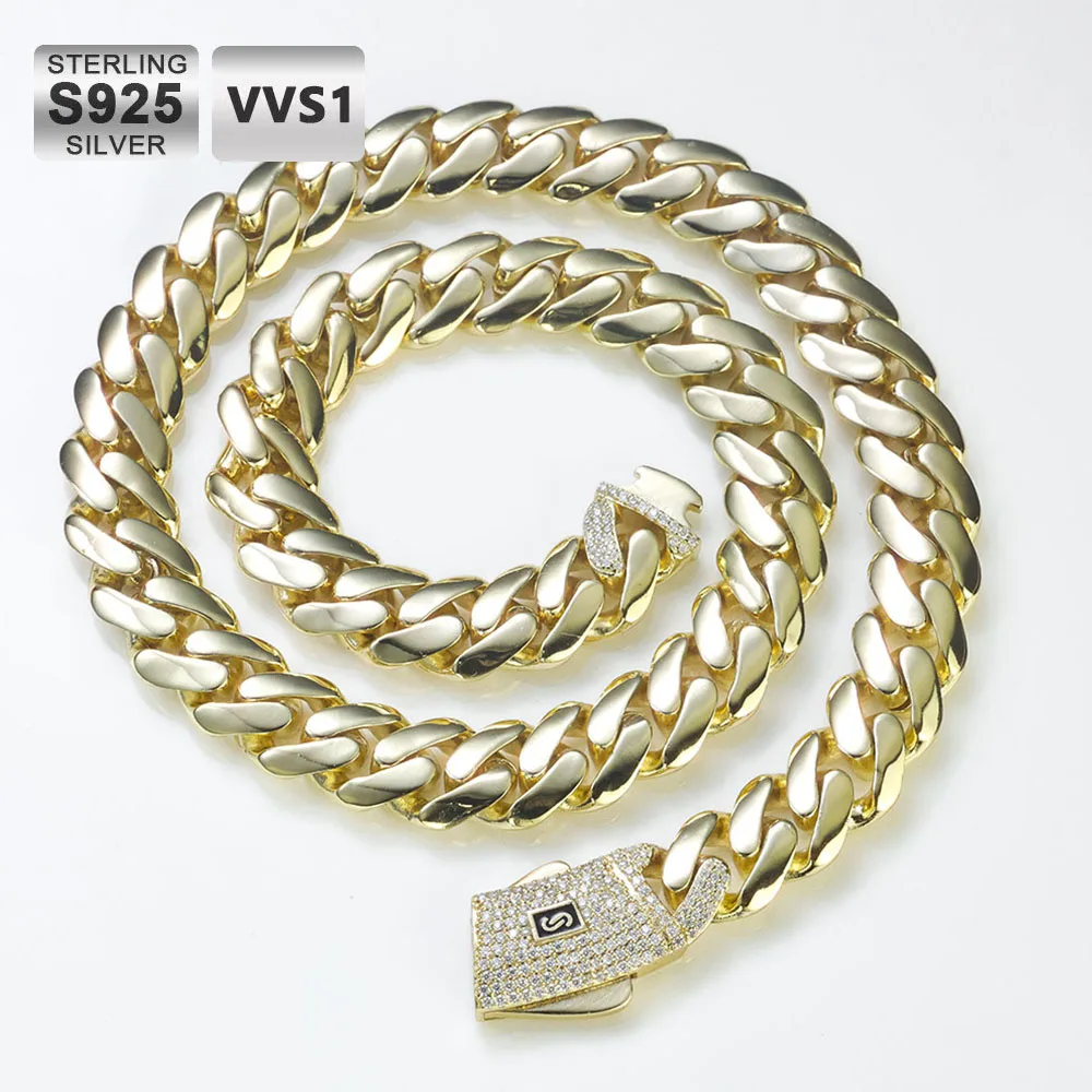 

Hip hop Jewelry Electroplating 14k Gold Ice Diamond Clasp 925 Silver VVS Monaco Cuban Chain Thick Necklace For Men And Women