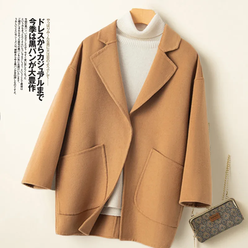 Winter Korean Handmade Double Breasted Long 100% Wool Coat Women Casual Loose Lacing Belt Woolen Overcoat Oversized
