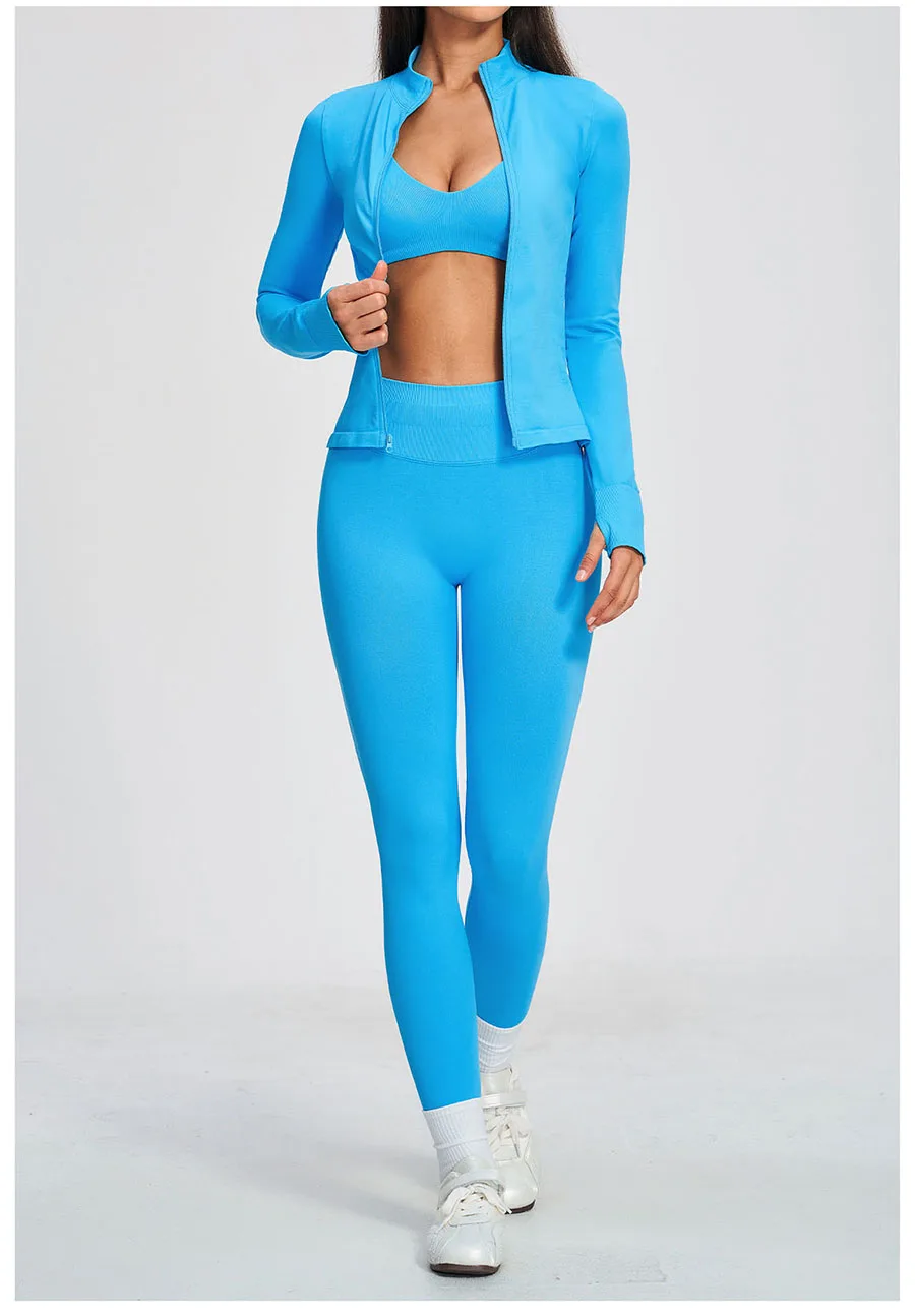 Nahtloses Yoga-Set 3-teilig, Sportbekleidung für Damen, Langarm-Trainingsanzug, Fitness-Set, Sport-BH, Leggings, Sportanzug – Detail 4