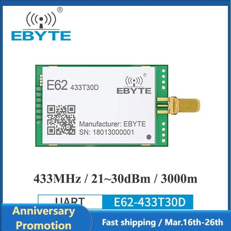 Wireless Module EBYTE E62-433T30D 433Mhz Full Duplex FHSS UART 30dBm 1W Long Distance Wireless Transmitter And Receiver Module