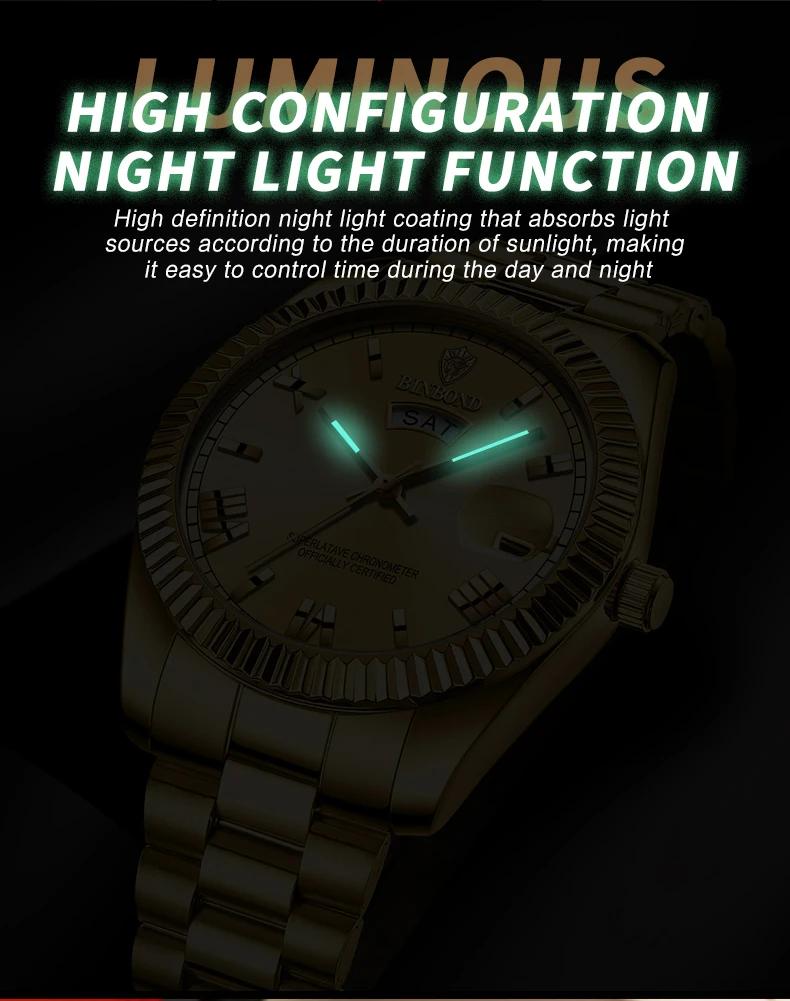 BINBOND Mens Business Sports Quartz Watch Classic Waterproof Luminous Calendar Creative Clock Male Personalized Wristwatch