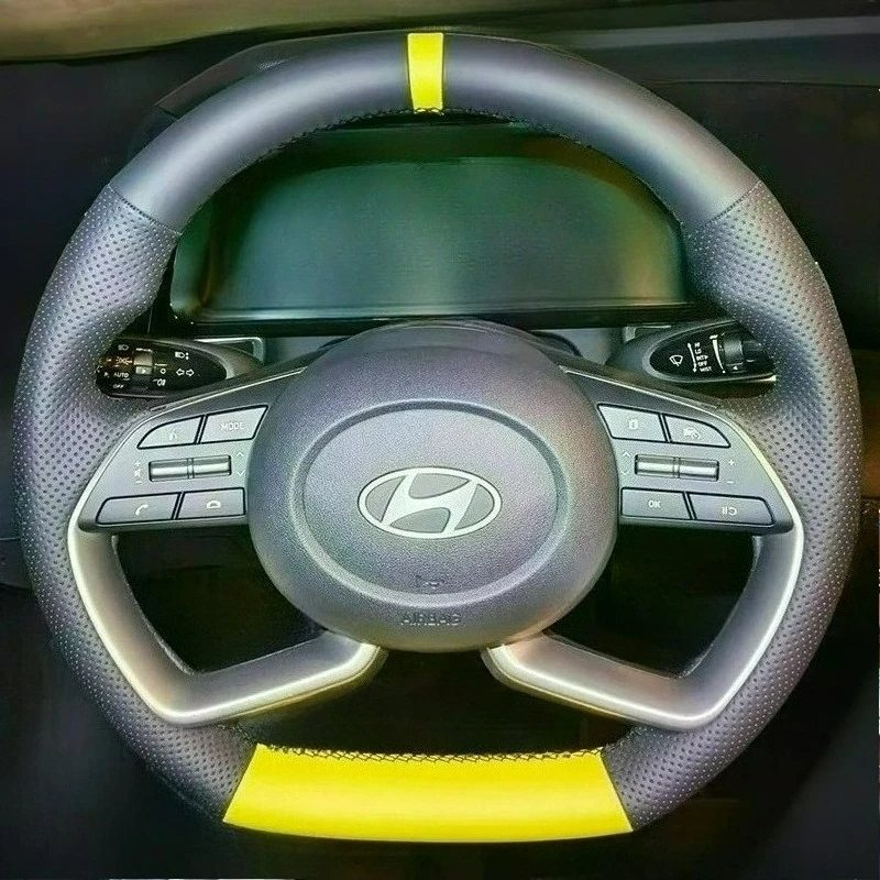 

Hand-stitched renovation wear-resistant Non-slip yellow dark gray leather steering wheel cover For Hyundai Elantra 2021-2023