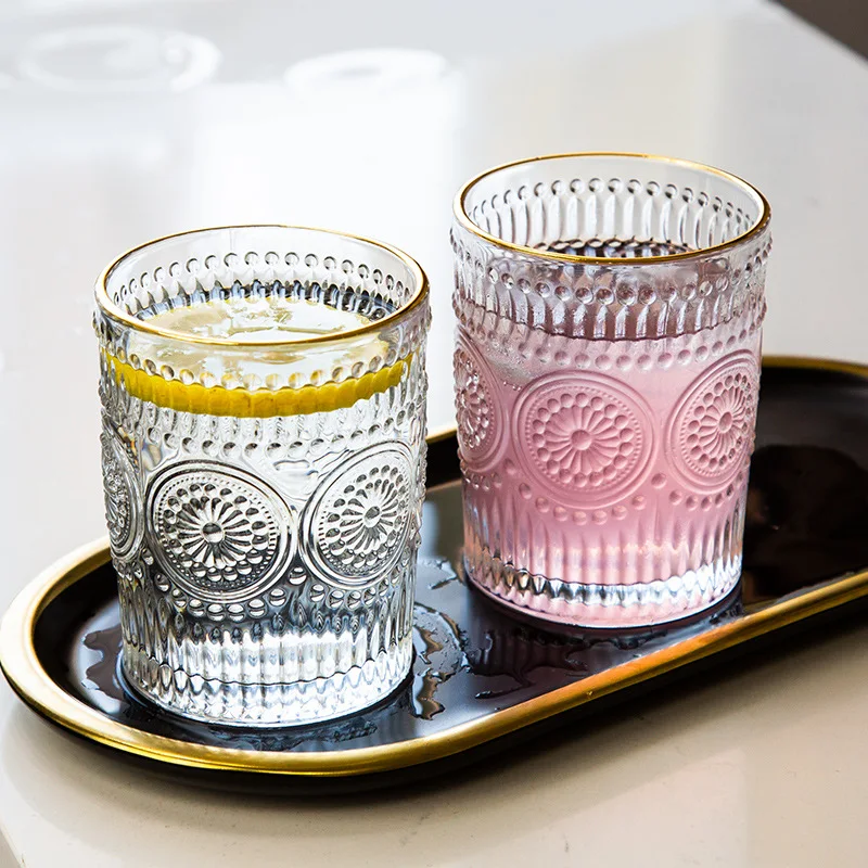 Taza de cristal sin plomo con borde dorado, cuchara para preparar té, taza para leche y agua, taza para desayuno, hecha a mano, redonda, 300 ml