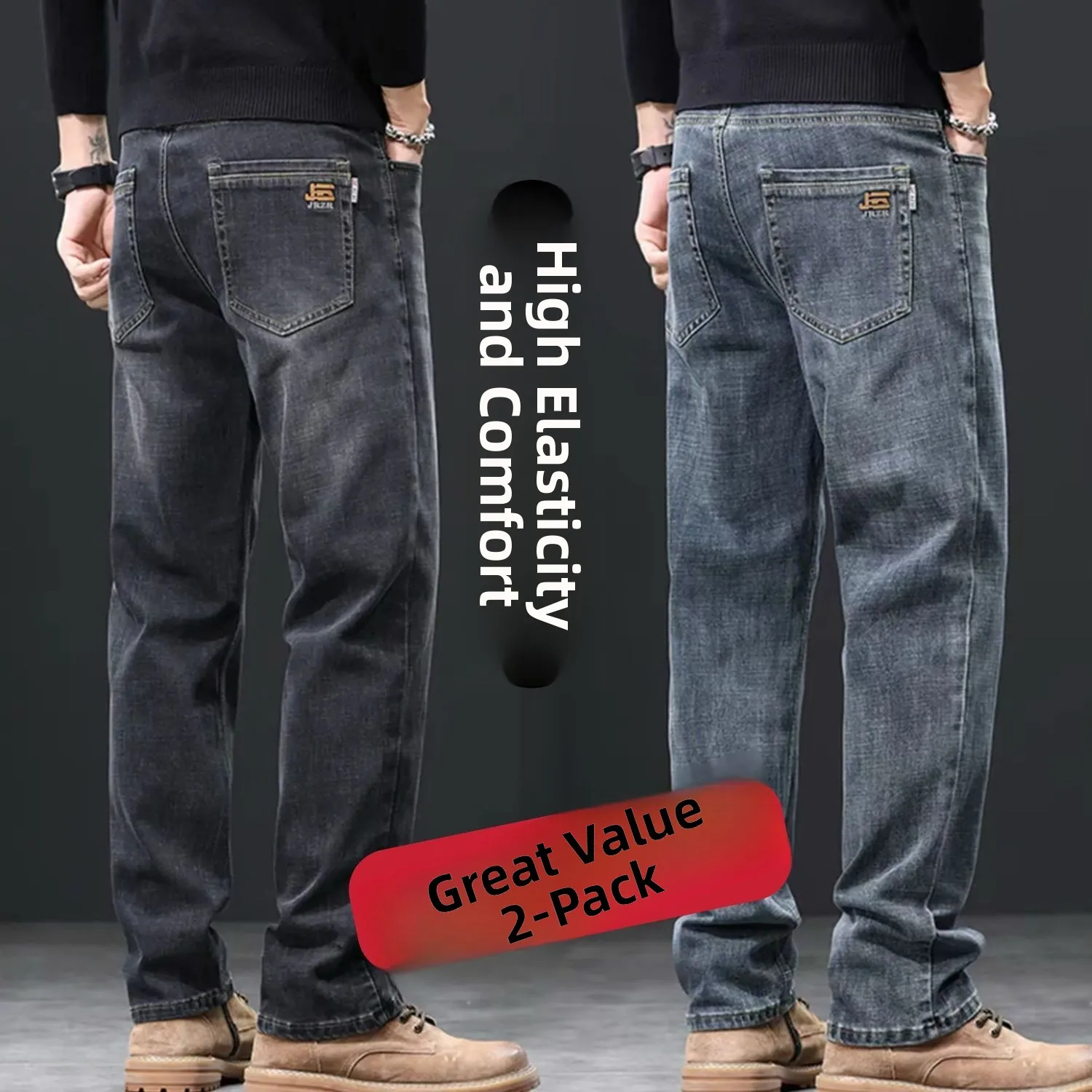 

Мужские повседневные джинсы свободного кроя с прямыми штанинами, эластичные, молодежные, длинные брюки, осень-зима, новинка, высококачественный хлопок, стрейч...