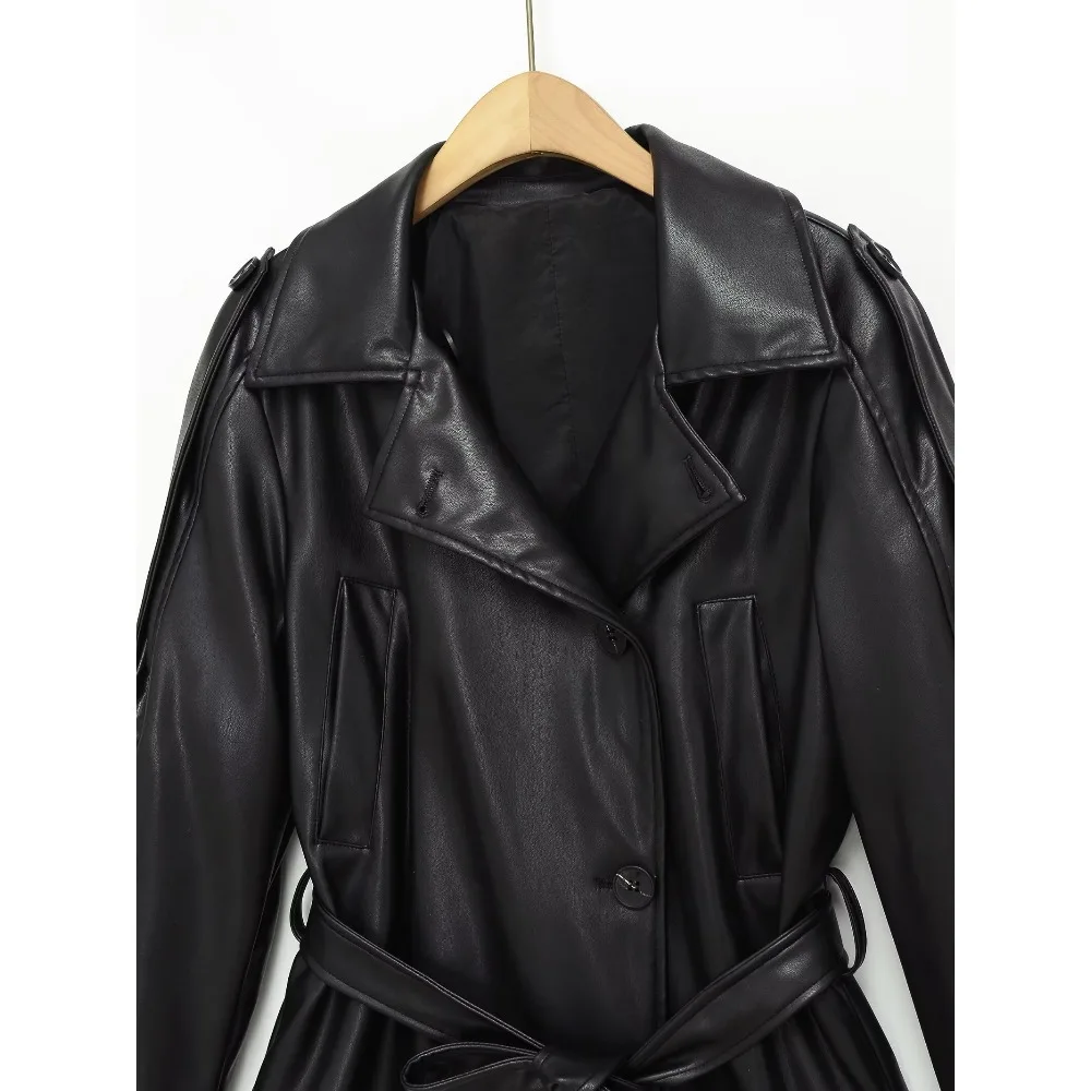 Women's Stylish Black Short Faux Leather Trench Coat with Tied Self-belt Fall Belted Outwear with Shoulder Pads and Sleeve Tabs