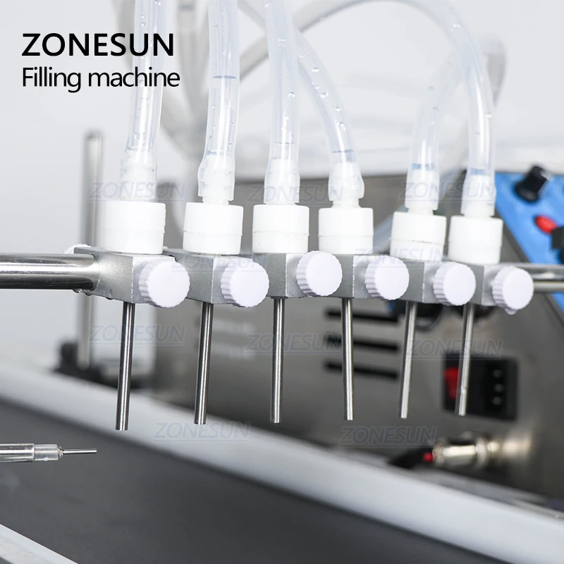 ZONESUN 6 Heads Automatic Oral Liquid Essential Oil Solvent Glass Vial Small Bottle Filling Machines With Conveyor For Perfume