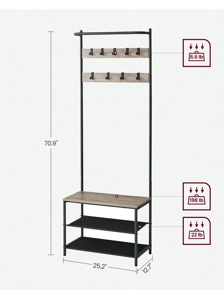 Hall Tree With Bench And Shoe Storage, Entryway Bench With Coat Rack Stand And Shoe Rack, 9 Movable Hooks, Top Bar, Fabric Shelv