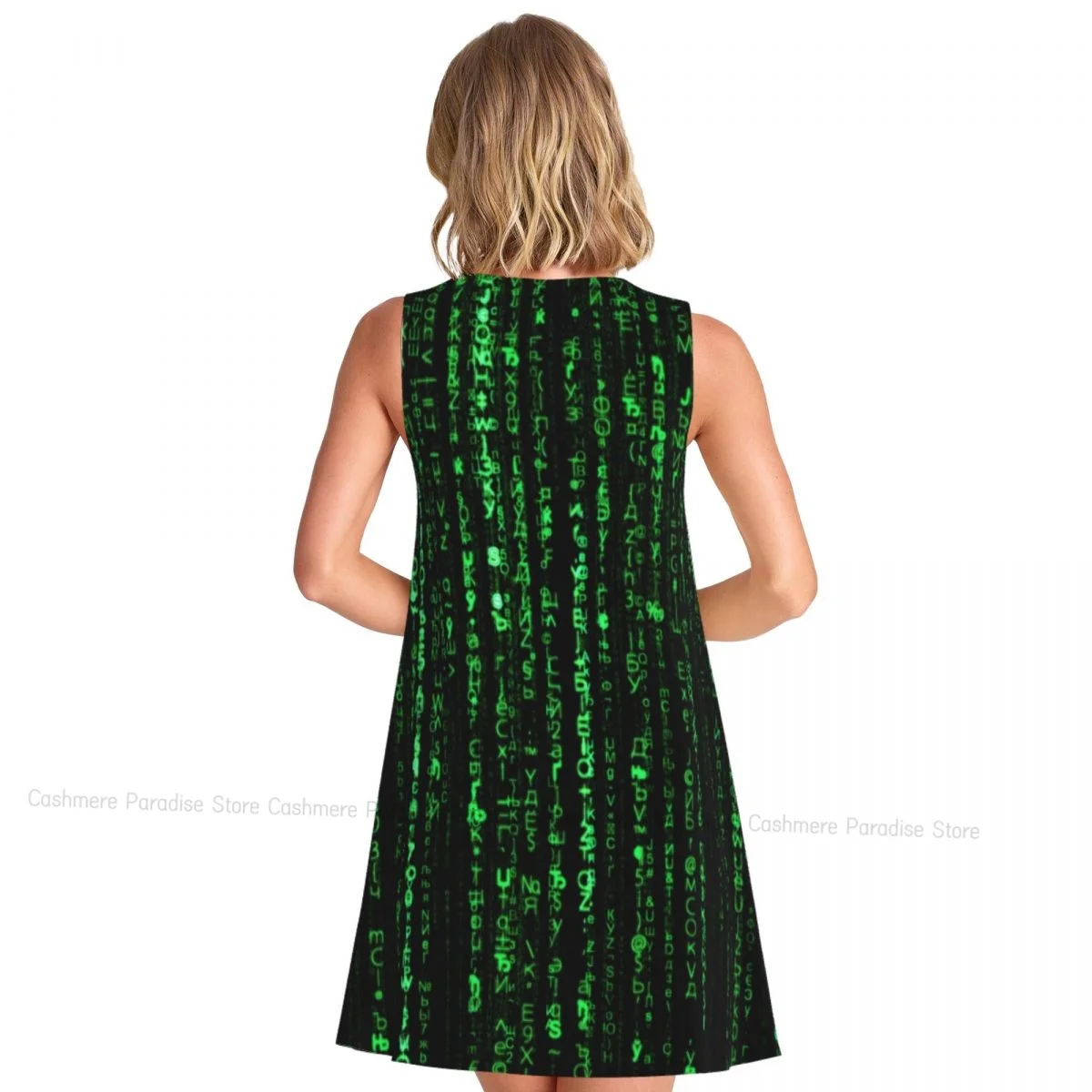 Women Casual Knee Women's Dress Green Matrix O Neck Sleeveless Above Dress
