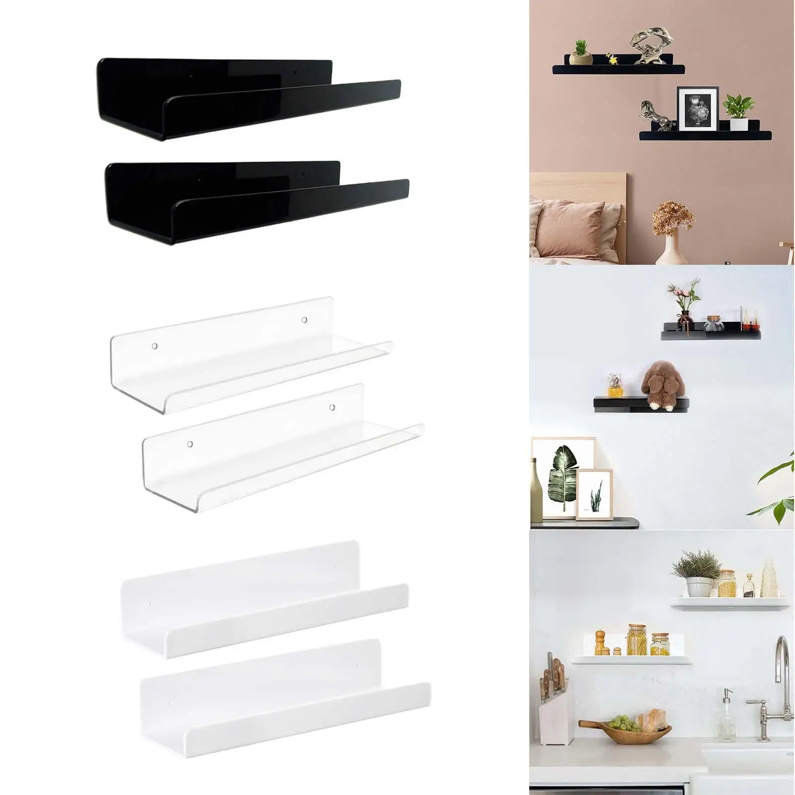 

2x Acrylic Floating Wall Shelves Floating Shelves Modern Spice Shelves Wall Mounted Bookshelves for Kids for Bathroom Kitchen
