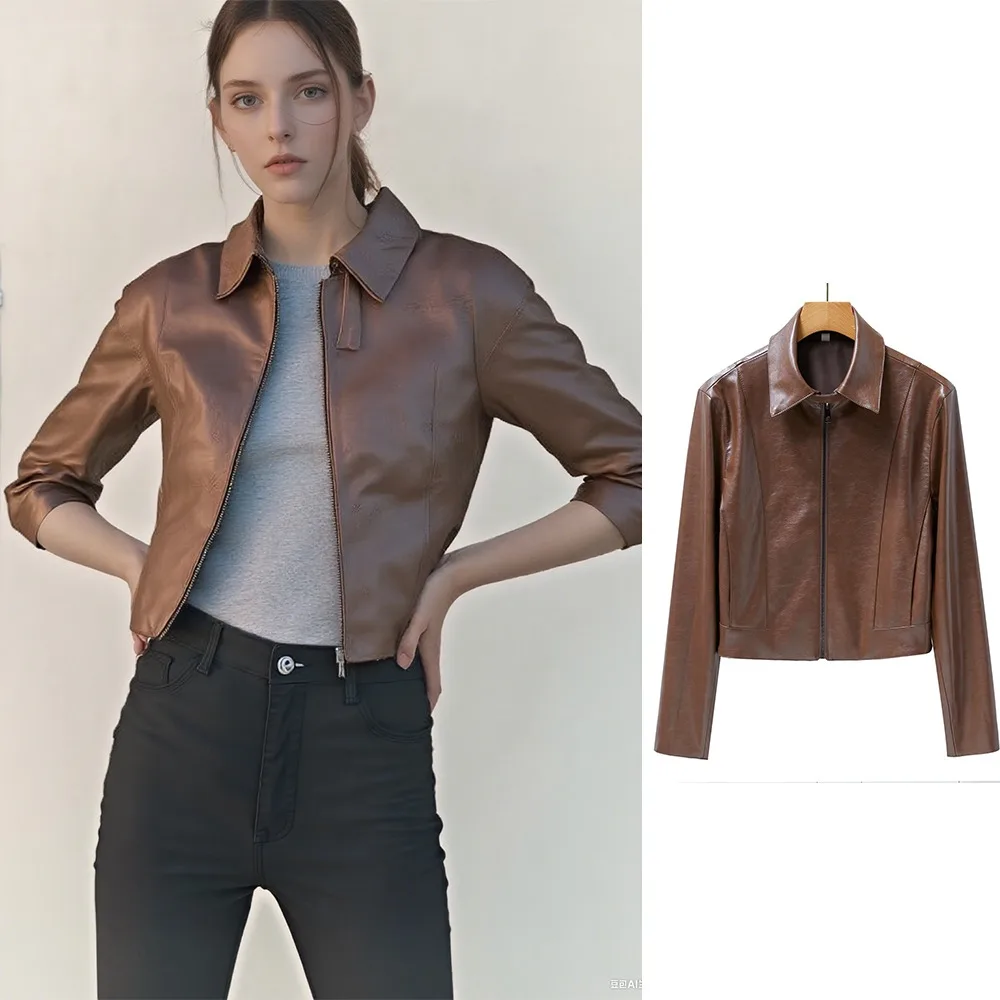 

Women's Leather Jackets Elegant Top Short Coat Outerwears Coats Casual New In Y2K Vintage Woman Classic Bomber Jacket
