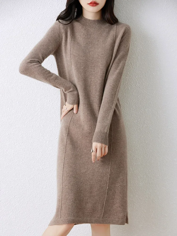 

Women's 100% Pure Wool Cashmere Sweater Dress Long Semi-Turtle Neck Skirt Loose Fit for Autumn Winter