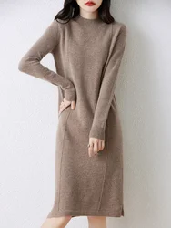 Women's 100% Pure Wool Cashmere Sweater Dress Long Semi-Turtle Neck Skirt Loose Fit for Autumn Winter