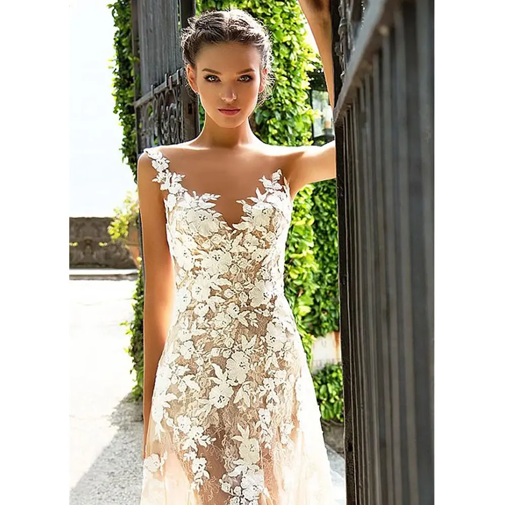 Robes de mariée en dentelle de tulle blanc avec traîne, dentelle en V, sirène, appliques transparentes, mariée, plage, jardin, soirée, quoi que ce soit