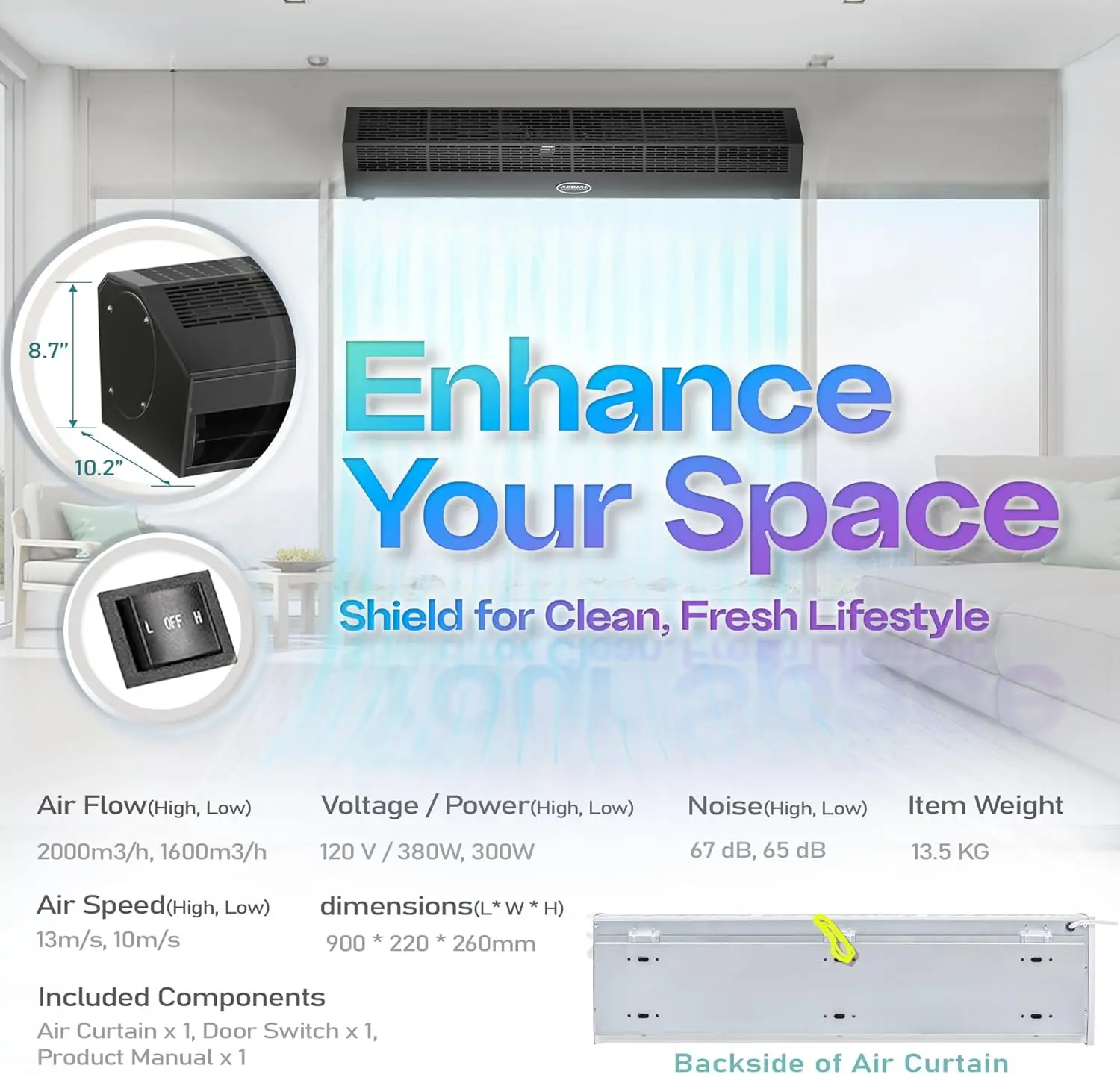 ستارة هوائية مثبتة على الحائط للباب، مروحة تحت الباب المنزلق تحرك منفاخ ستارة الهواء لطرد البعوض