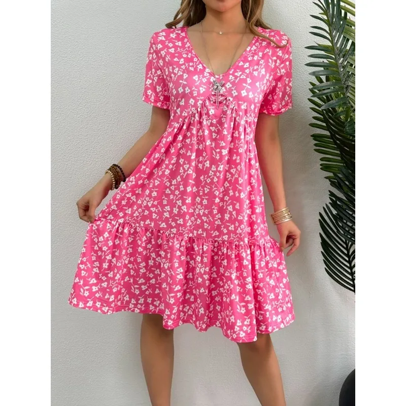 Simple Fashion Women's V-neck Dress Striped Print Women's Dress Summer Loose Comfortable Slit Women's Short-sleeved Dress