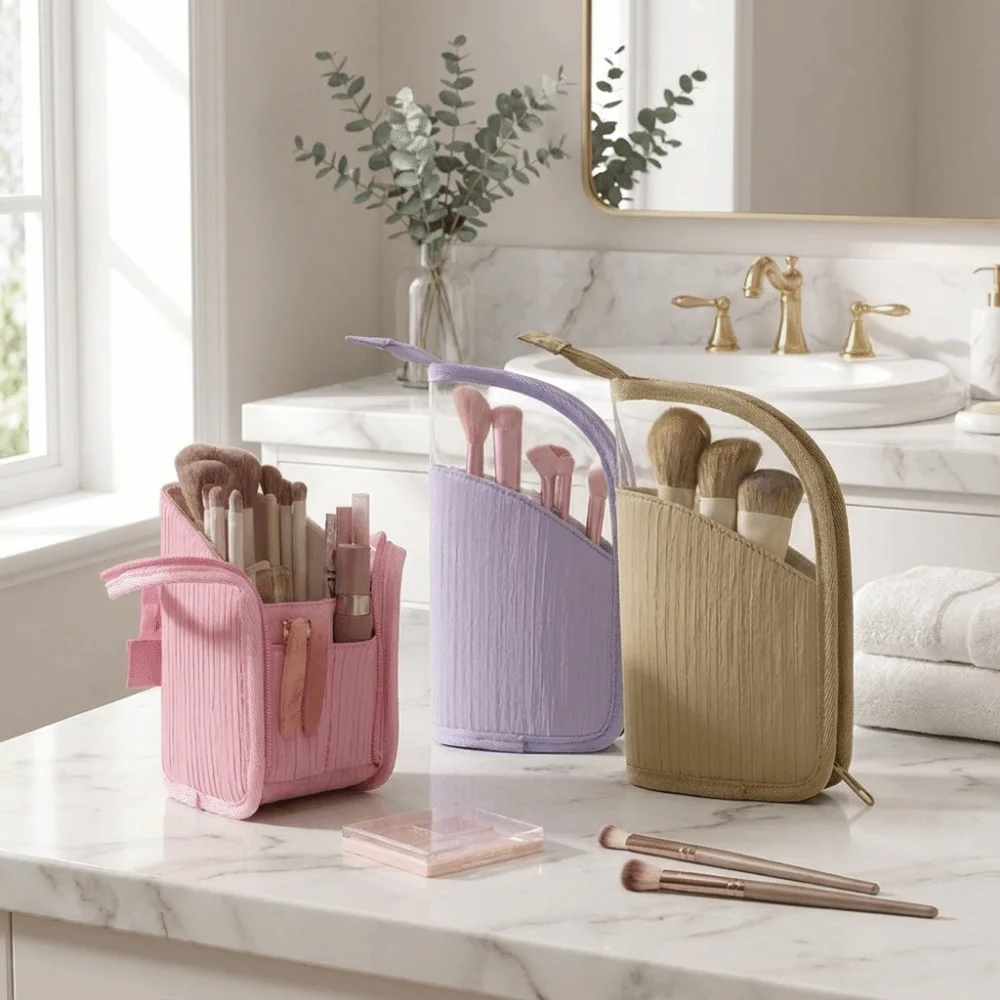 Large Capacity Vertical Cosmetic Bag Portable Waterproof Makeup Brush Case Visible Standing Travel Storage Pouch Women