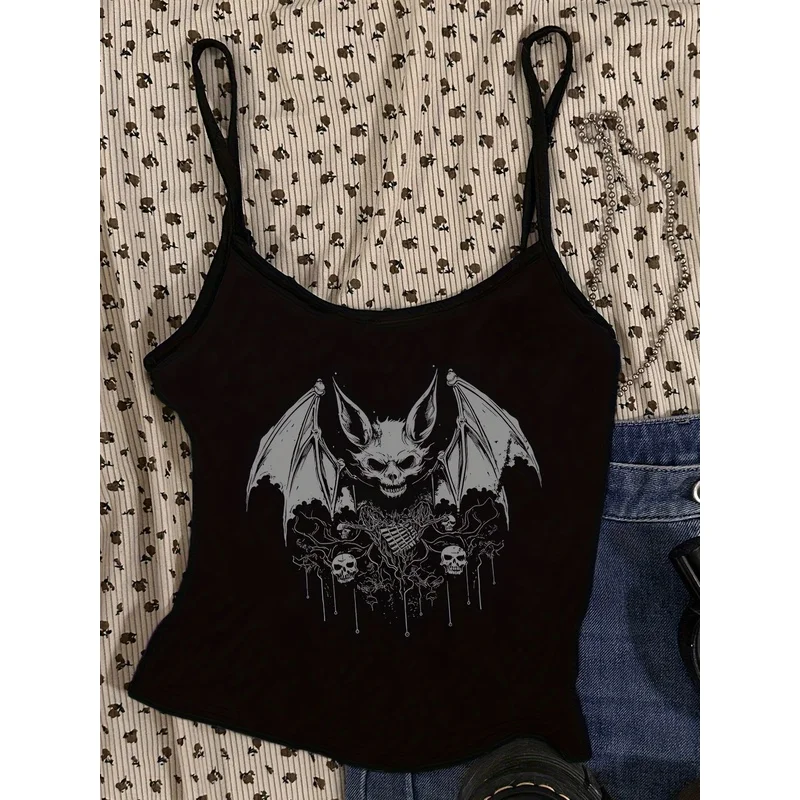 Gothic Style Bat Skull Pattern Thin Shoulder Strap Blouse for Women. Dark Horror Skull Print Sleeveless Halter Top. Rock Street