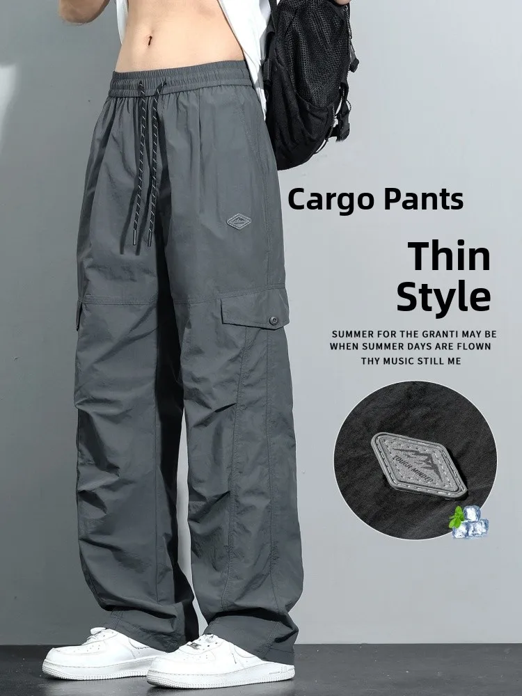 

Летние мужские брюки из ледяного шелка, тонкие, свободные, больших размеров, повседневные, быстросохнущие, рабочие, модные, в американском спортивном стиле, для отдыха